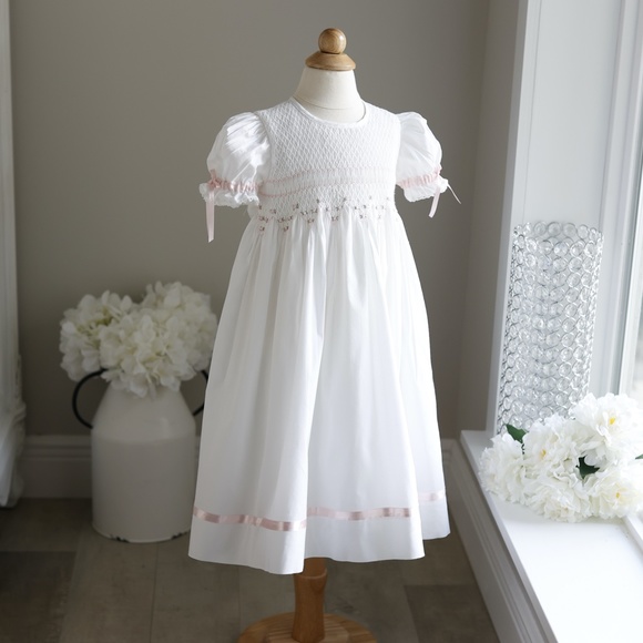 Strasburg Dress Smocked White with Pink Trim Size 3 Special Occassion Portrait - Picture 2 of 6
